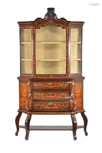 A Dutch walnut and marquetry inlaid display cabinet
