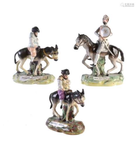 A pair of Staffordshire pottery equestrian figures of Thomas Parr type of Don Quixote and Sancho Pan