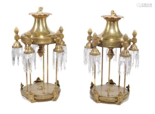 A near pair of substantial gilt metal and glass hung five light electroliers in the style of lantern