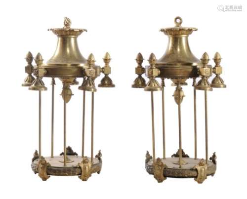 A pair of substantial gilt metal five light electroliers in the style of lanterns