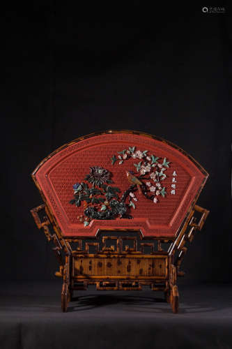 XIANGFEI' BAMBOO LACQUER SCREEN WITH GEM INLAID