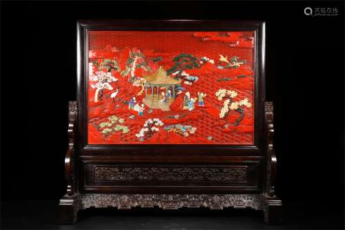 A Chinese Carved Zitan Screen with Carved Tixi Lacquer Panel Inlaid