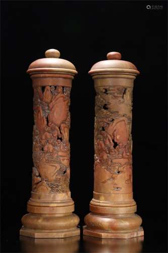A Pair of Chinese Carved Shoushan Incense Drum