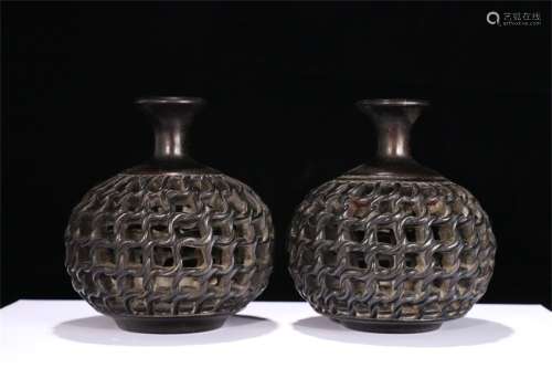 A Pair of Chinese Carved Zitan Vases