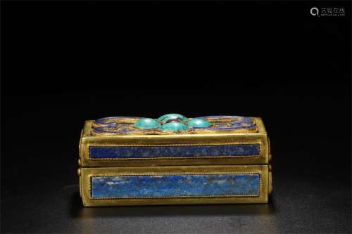 A Chinese Gilt Bronze Square Box with Cover and Inlaid