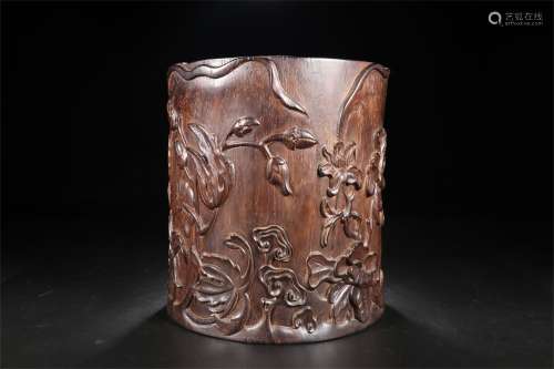 A Chinese Carved Huanghuali Brush Pot