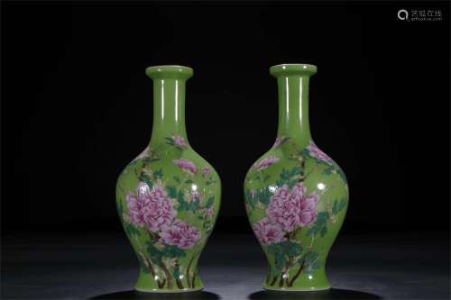 A Pair of Chinese Green Ground Famille-Rose Porcelain Vases
