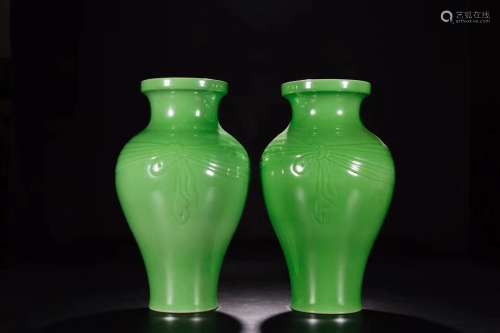 A Pair of Chinese Green Glazed Porcelain Vases