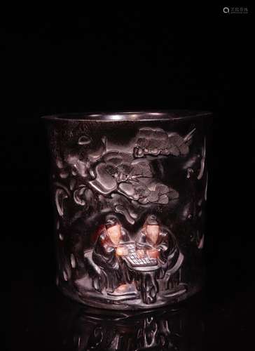 A Chinese Carved Zitan Brush Pot with Shoushan Inlaid