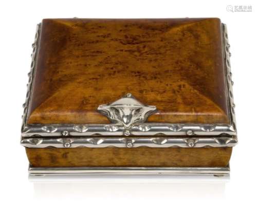 Omar Ramsden (1873-1939), a silver and birds-eye maple cigarette box Mark of Omar Ramsden, London