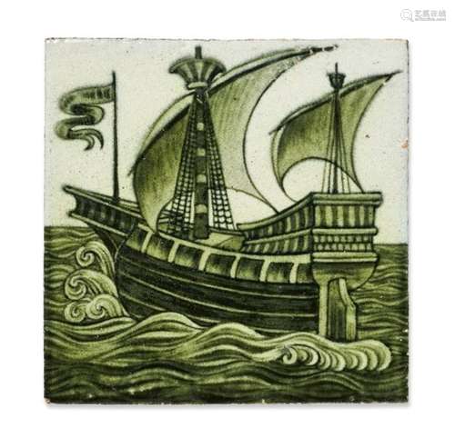 William De Morgan (1839-1917), a hand painted six-inch 'Galleon' tile 1898, partially obscured