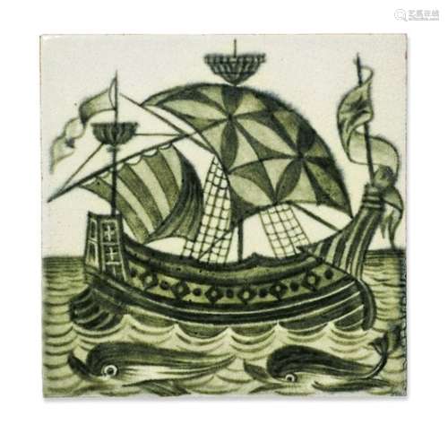 William De Morgan (1839-1917), a hand painted six-inch 'Galleon' tile Early Fulham period 1888-1897,