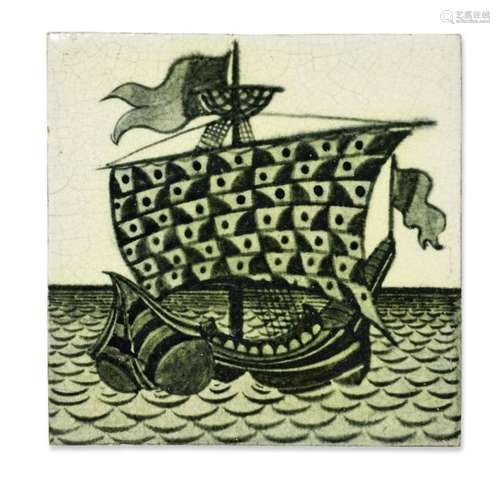 William De Morgan (1839-1917), a hand painted six-inch 'Galleon' tile Early Fulham period 1888-1897,