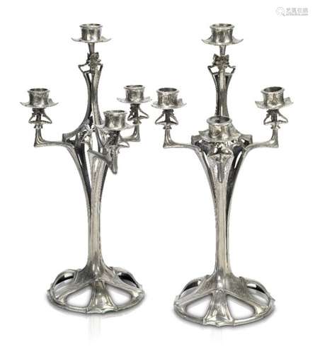 Art Nouveau, a pair of large pewter candelabra c.1900, possibly German, unsigned Each with four