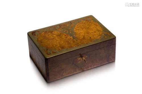 An Art Nouveau brass inlaid burr-walnut jewellery box, probably French c.1900, paper label for '