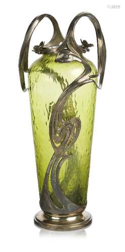 Art Nouveau, a green glass vase with sinuous plated metal mounts c.1900, unsigned, probably