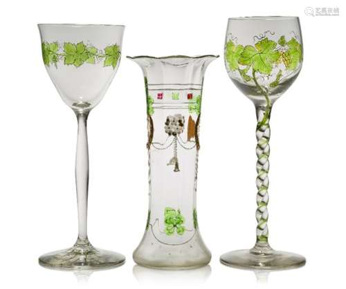 Theresienthal, two enamelled wine glasses c.1900 Each clear glass bowl painted in enamels with vine,