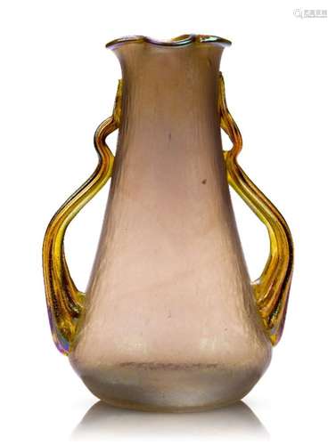 Possibly Loetz, an iridescent glass vase with handles c.1920 Tapered form with quatrefoil rim,