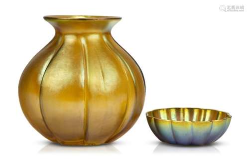 WMF, a 'Myra' iridescent glass vase and a small pin tray c.1930 The bulbous vase with ribbed sides