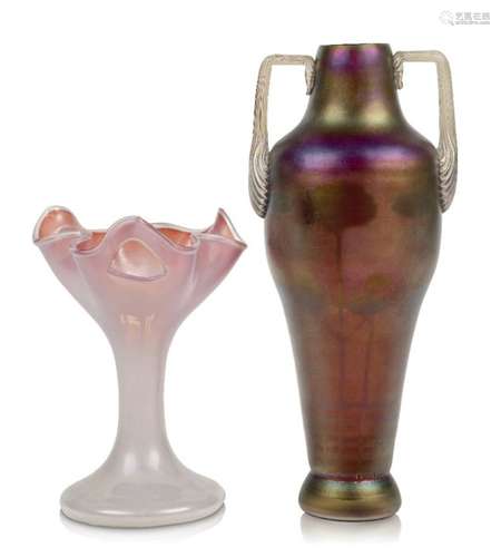 Attributed to Wilhelm Krallik, a twin handled iridescent vase c.1905 Red glass body with purple