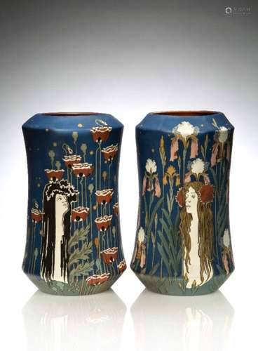 Hans Christiansen (1866-1948), a Pair of Mettlach Art Nouveau stoneware vases, 