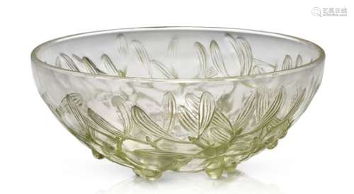 René Lalique (1860-1945), a clear and frosted glass bowl with green staining ‘Gui No 1’, No.3223,