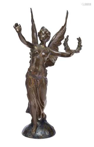 Bergman, an Austrian patinated and cold-painted bronze car mascot 'Angel of Victory', c.1920, signed