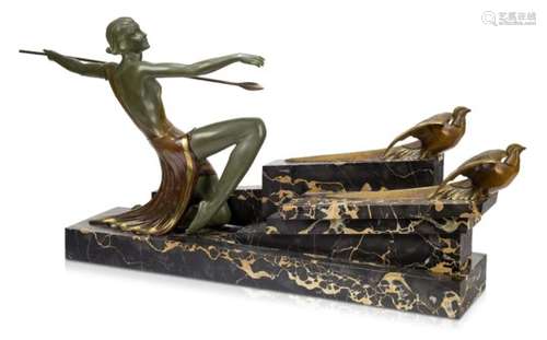 G. Daverny, an Art Deco cold-painted bronze group ‘Diana with Birds’, stamped 'Bronze veritable',