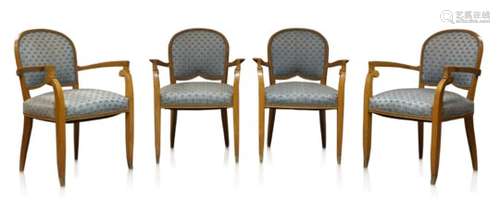 Jules Leleu (1883-1961), a set of four oak and upholstered elbow chairs Designed 1938 Upholstered