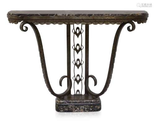 French Art Deco, a wrought iron console table c.1920 The Portoro marble top, above pierced geometric