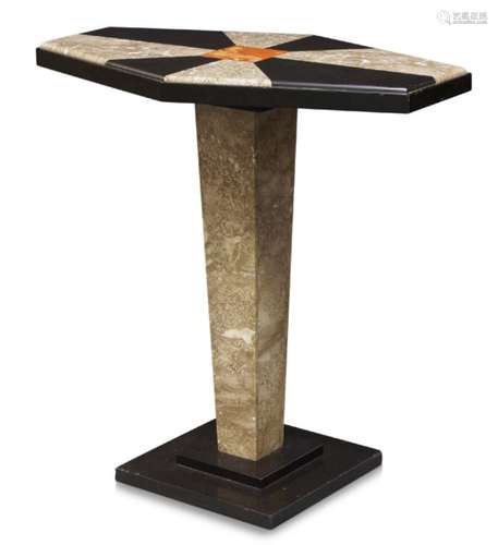 French Art Deco, an hexagonal marble pedestal table c.1920 The top with inlaid sunburst pattern,