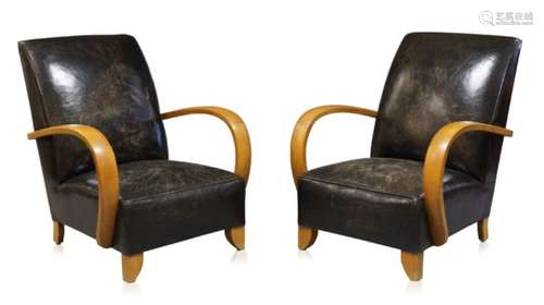 French Art Deco, a pair of leather upholstered and beech armchairs c.1930's Upholstered in black