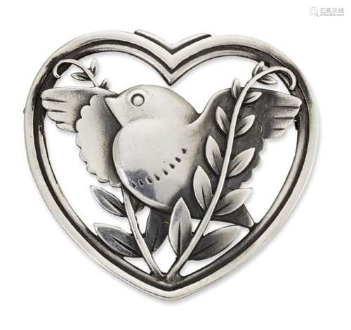 Arno Malinowski (1899-1976) for Georg Jensen, a silver heart-shaped brooch with bird Mark of Georg