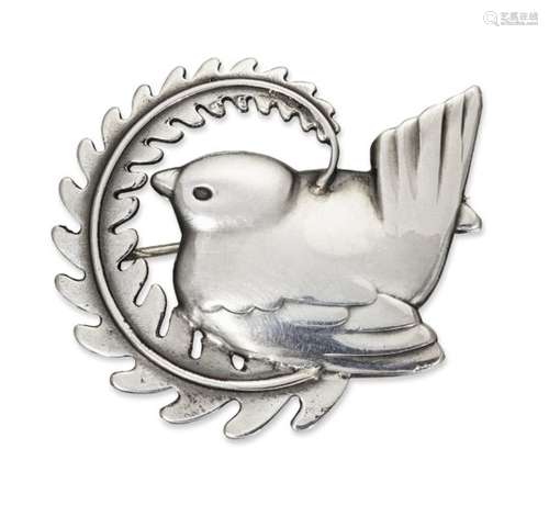 Arno Malinowski (1899-1976) for Georg Jensen, a silver 'Robin in Fern' brooch GJ monogram mark