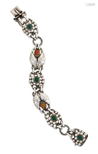 Georg Jensen, a silver 'leaf and seed' bracelet set with chrysoprase and amber GJ monogram mark used