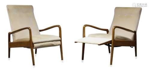 Greaves and Thomas, a pair of reclining armchairs c.1960 the teak frames with cream velvet