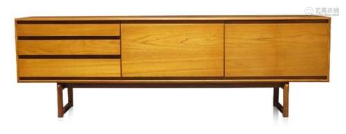 White and Newton Ltd, a teak sideboard c.1960s with three drawers, a fall front door enclosing