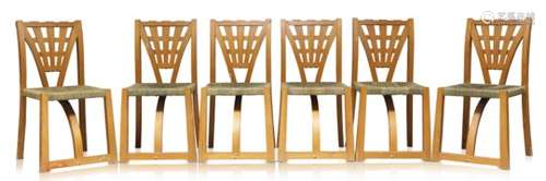 A set of six modern pine dining chairs c.1990 the backrests with tapering slats, above square cord