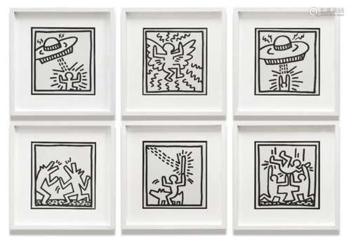 After Keith Haring, American 1958-1990- Alien Attack I, Flying Angel, Alien Attack II, Barking Dogs,