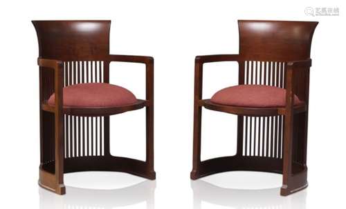 After Frank Lloyd Wright, a pair of cherry wood 'Barrell' chairs for Cassina c.1986, with