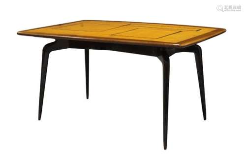 Italian, a birch and ebony inlaid dining table, on black lacquered legs c.1950 The rounded