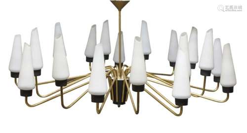 Attributed to Stilnovo (Italian), a brass and opaline glass eighteen light chandelier c.1950 with