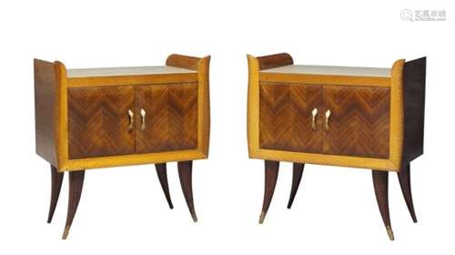 Italian, a pair of rosewood and walnut bed side tables c.1940s with sepia coloured glass tops, above