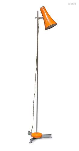 A chromed floor lamp with orange enameled shade c.1950, metalwork stamped 'OMI' and 'DBGM' the