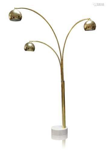 In the manner of Goffredo Reggiani, a brass three light standard lamp c.1970, applied label to