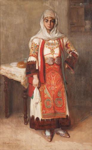 Newlywed in Greek costume 80 x 50 cm. Ioannis Economou(Greek, 1860-1931)
