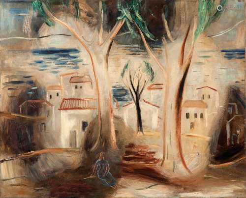 View of Kastella  49.5 x 92 cm. Maria Pop(Greece, 1925-2009)