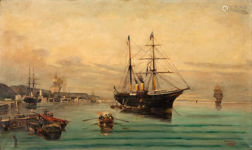 A busy morning in the harbour (after C. Volanakis) 54.5 x 91 cm. Georgios A. Isaias(Greece, 1873-1957)