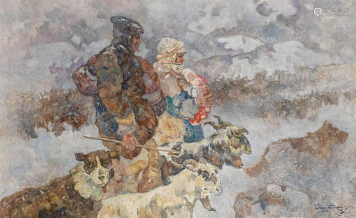 Family of shepherds in the winter 80.5 x 130.5 cm. Epaminondas Thomopoulos(Greek, 1878-1974)