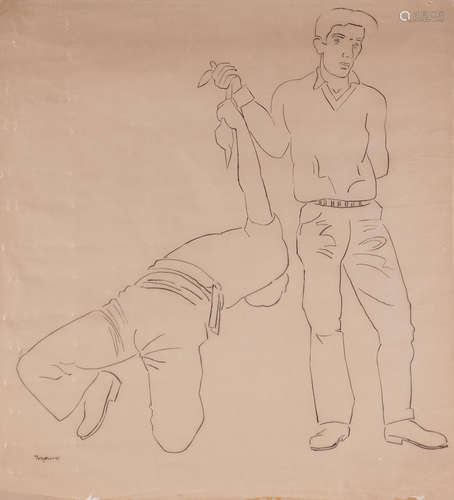 Two men dancing the 'Tsamikos' 74.5 x 68.5 cm. Yiannis Tsarouchis(Greek, 1910-1989)